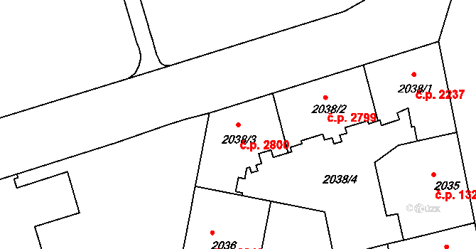 Královo Pole 2800, Brno na parcele st. 2038/3 v KÚ Královo Pole, Katastrální mapa