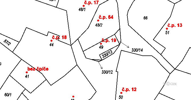 Polní Voděrady 19 na parcele st. 49 v KÚ Polní Voděrady, Katastrální mapa