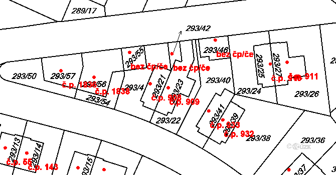 Braník 909, Praha na parcele st. 293/23 v KÚ Braník, Katastrální mapa
