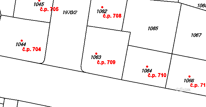 Vysočany 709, Praha na parcele st. 1063 v KÚ Vysočany, Katastrální mapa