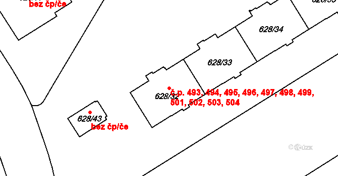 Prosek 493,494,495,496,497,, Praha na parcele st. 628/42 v KÚ Prosek, Katastrální mapa