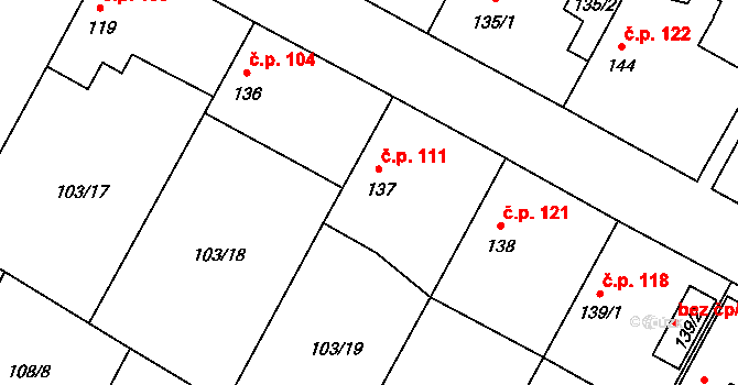 Břežany II 111 na parcele st. 137 v KÚ Břežany II, Katastrální mapa