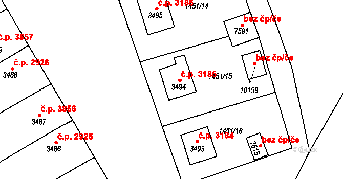 Hodonín 3185 na parcele st. 3494 v KÚ Hodonín, Katastrální mapa