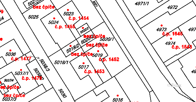 Chomutov 1452 na parcele st. 5019 v KÚ Chomutov I, Katastrální mapa