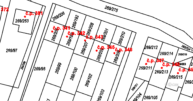 Pražské Předměstí 345, Bílina na parcele st. 269/202 v KÚ Bílina, Katastrální mapa