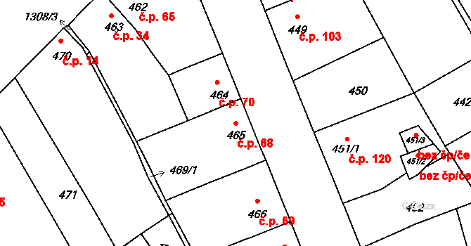 Radčice 68, Plzeň na parcele st. 465 v KÚ Radčice u Plzně, Katastrální mapa
