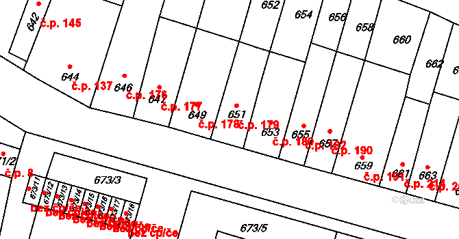 Podolí 179 na parcele st. 651 v KÚ Podolí u Brna, Katastrální mapa