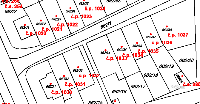 Oslavany 1033 na parcele st. 662/34 v KÚ Oslavany, Katastrální mapa