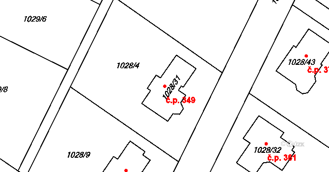 Křelov 349, Křelov-Břuchotín na parcele st. 1028/31 v KÚ Křelov, Katastrální mapa