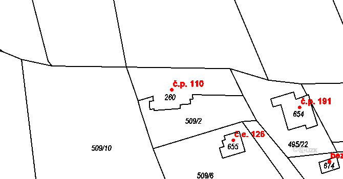 Čtyřkoly 110 na parcele st. 260 v KÚ Čtyřkoly, Katastrální mapa