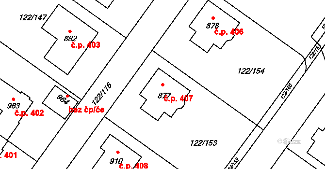 Údlice 407 na parcele st. 877 v KÚ Údlice, Katastrální mapa