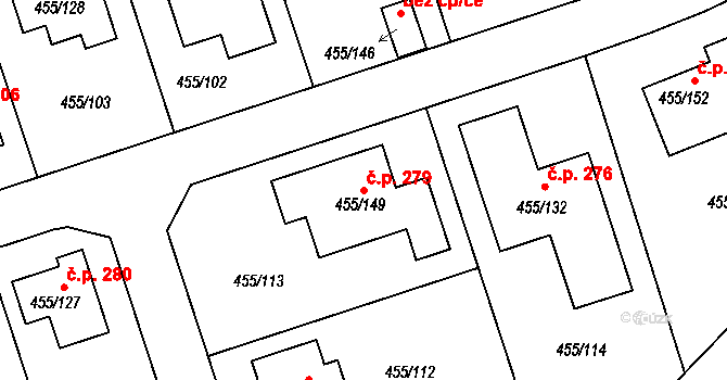 Roudné 279 na parcele st. 455/149 v KÚ Roudné, Katastrální mapa