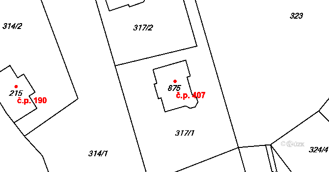 Senohraby 407 na parcele st. 875 v KÚ Senohraby, Katastrální mapa