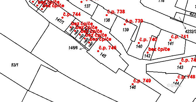 Moravské Budějovice 746 na parcele st. 145 v KÚ Moravské Budějovice, Katastrální mapa