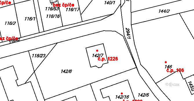 Lyžbice 1226, Třinec na parcele st. 142/7 v KÚ Lyžbice, Katastrální mapa
