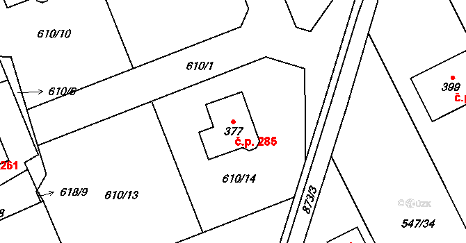 Unčín 285, Krupka na parcele st. 377 v KÚ Unčín u Krupky, Katastrální mapa