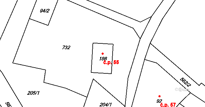 Dolní Orlice 55, Červená Voda na parcele st. 186 v KÚ Dolní Orlice, Katastrální mapa