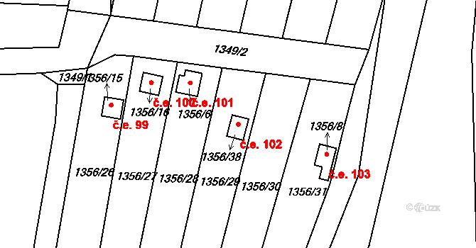 Jemnice 102 na parcele st. 1356/38 v KÚ Jemnice, Katastrální mapa