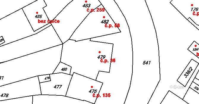 Milešovice 36 na parcele st. 479 v KÚ Milešovice, Katastrální mapa