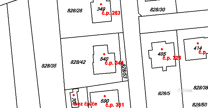 Louky 344, Zlín na parcele st. 540 v KÚ Louky nad Dřevnicí, Katastrální mapa