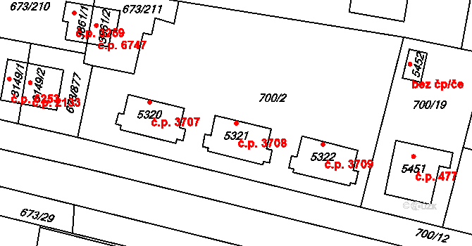 Zlín 3708 na parcele st. 5321 v KÚ Zlín, Katastrální mapa