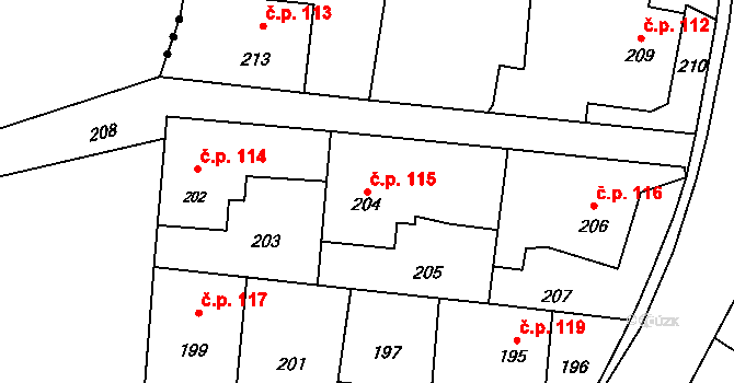 Děhylov 115 na parcele st. 204 v KÚ Děhylov, Katastrální mapa