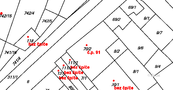 Podbřežice 91 na parcele st. 70/2 v KÚ Podbřežice, Katastrální mapa