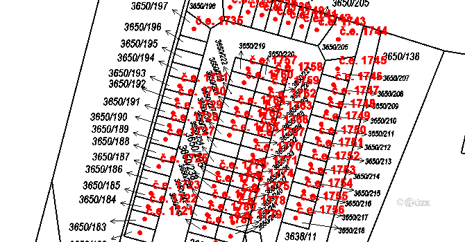 Jindřichův Hradec III 1765, Jindřichův Hradec na parcele st. 3650/227 v KÚ Jindřichův Hradec, Katastrální mapa