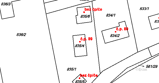 Černý Dub 89, Homole na parcele st. 835/4 v KÚ Homole, Katastrální mapa