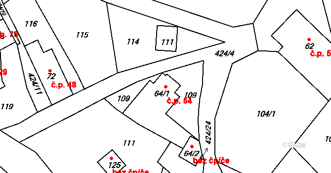 Radomilov 54, Ruda nad Moravou na parcele st. 64/1 v KÚ Radomilov, Katastrální mapa