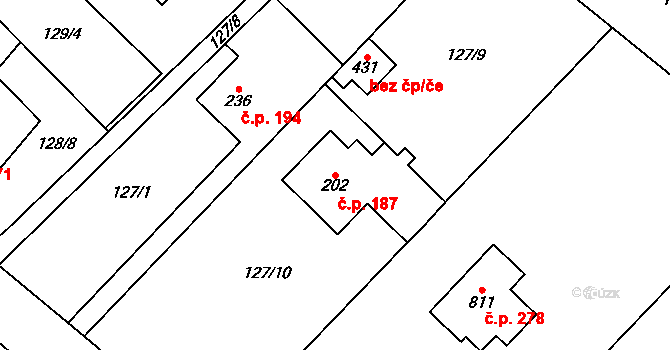 Horní Počaply 187 na parcele st. 202 v KÚ Horní Počaply, Katastrální mapa