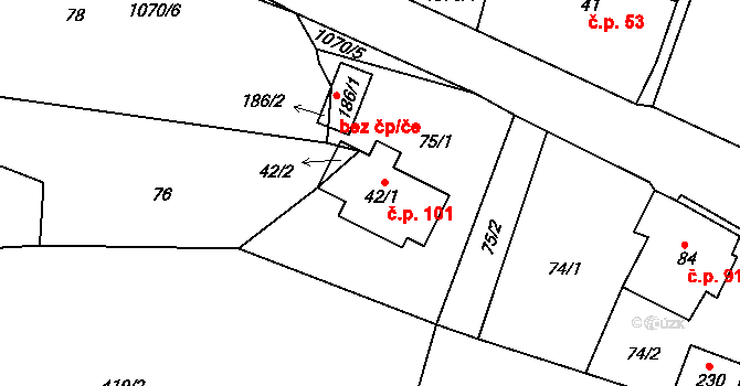Skořice 101 na parcele st. 42/1 v KÚ Skořice, Katastrální mapa