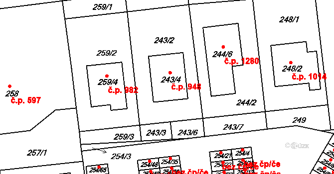 Třemošná 948 na parcele st. 243/4 v KÚ Třemošná, Katastrální mapa