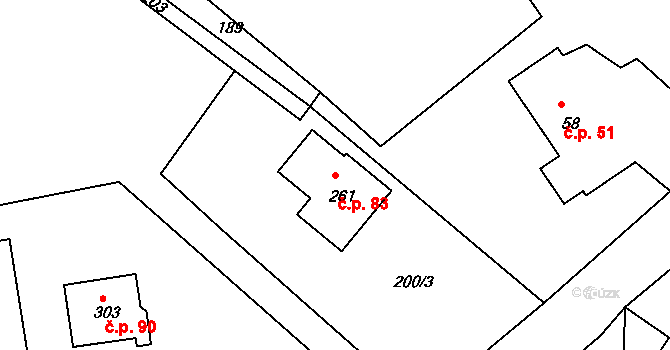 Malá Veleň 83 na parcele st. 261 v KÚ Malá Veleň, Katastrální mapa