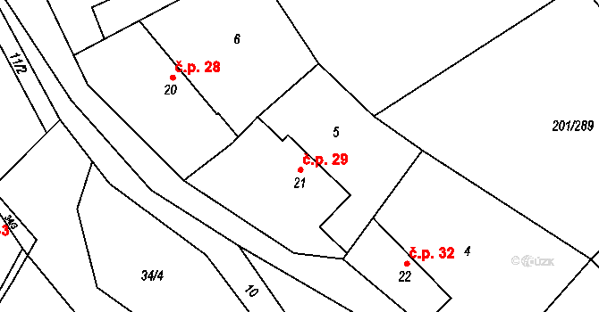 Sýkořice 29 na parcele st. 21 v KÚ Sýkořice, Katastrální mapa