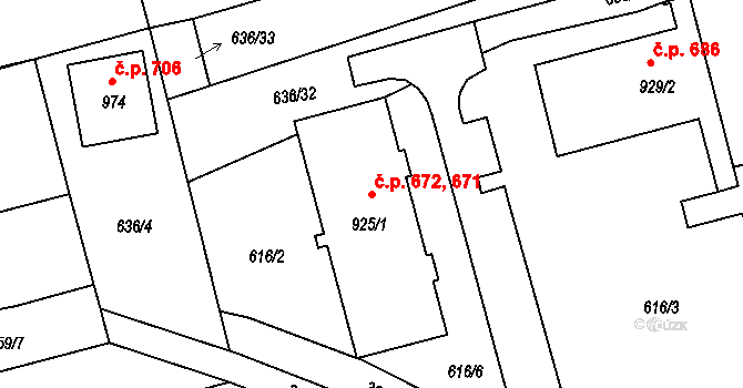 Žirovnice 671,672 na parcele st. 925/1 v KÚ Žirovnice, Katastrální mapa