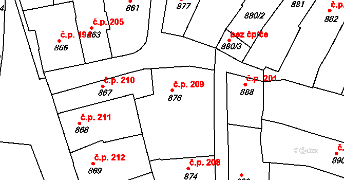 Kamenice nad Lipou 209 na parcele st. 876 v KÚ Kamenice nad Lipou, Katastrální mapa