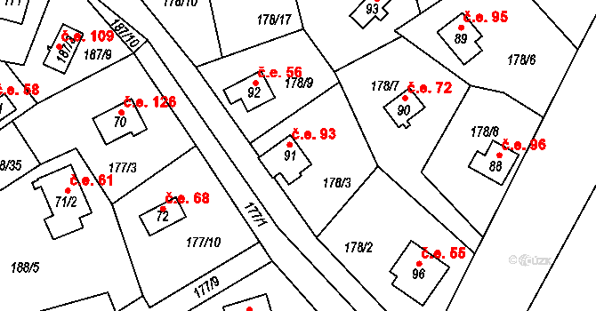 Boňkov 93 na parcele st. 91 v KÚ Boňkov, Katastrální mapa