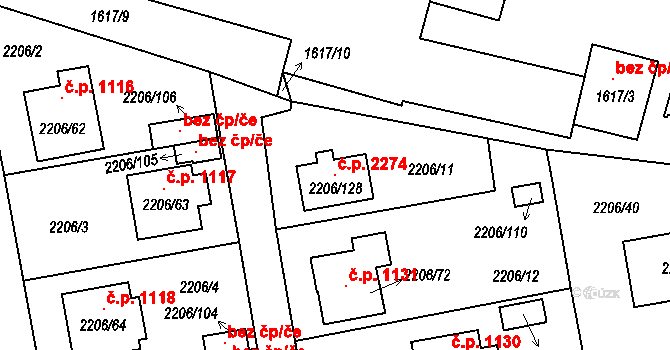 Pelhřimov 2274 na parcele st. 2206/128 v KÚ Pelhřimov, Katastrální mapa