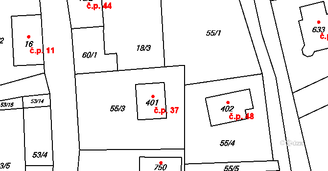 Prostřední Lánov 37, Lánov na parcele st. 401 v KÚ Prostřední Lánov, Katastrální mapa