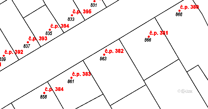 Hrušky 382 na parcele st. 863 v KÚ Hrušky, Katastrální mapa