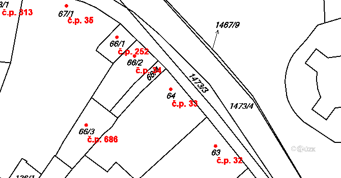 Kvasice 33 na parcele st. 64 v KÚ Kvasice, Katastrální mapa