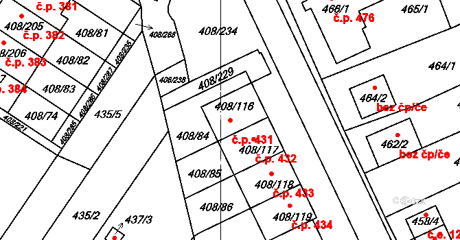Dobšice 431 na parcele st. 408/116 v KÚ Dobšice u Znojma, Katastrální mapa