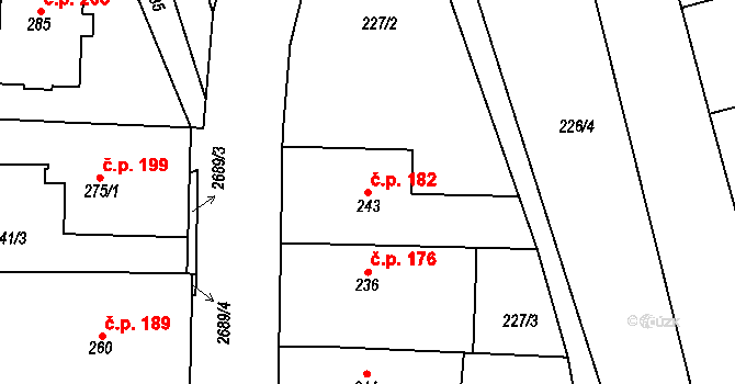 Jezernice 182 na parcele st. 243 v KÚ Jezernice, Katastrální mapa