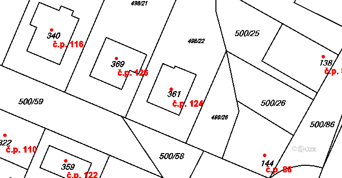 Sedlčánky 124, Čelákovice na parcele st. 361 v KÚ Sedlčánky, Katastrální mapa