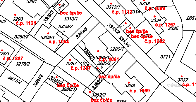 Roztoky 1061 na parcele st. 3285/1 v KÚ Žalov, Katastrální mapa