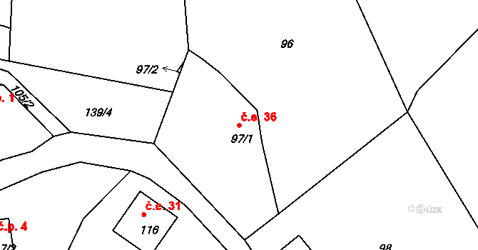 Radeč 36, Žandov na parcele st. 97/1 v KÚ Radeč u Horní Police, Katastrální mapa