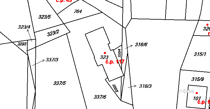 Kunětice 117 na parcele st. 323 v KÚ Kunětice, Katastrální mapa