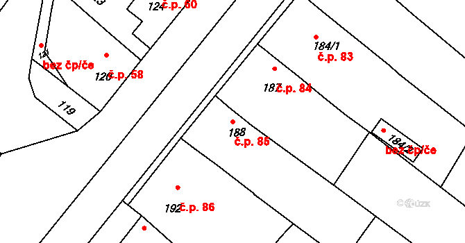 Sudoměřice 85 na parcele st. 188 v KÚ Sudoměřice, Katastrální mapa