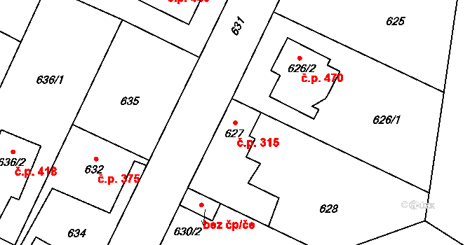 Hřebeč 315 na parcele st. 627 v KÚ Hřebeč, Katastrální mapa